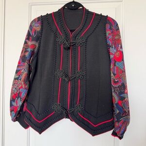 Vintage Black and Red Wool Knit Skirt Suit, Made in Italy, fits size small